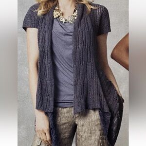 CAbi Women's Open-Front Crochet Knit Cardigan Gray Linen Blend Asymmetrical S